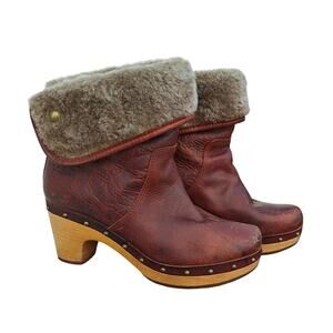 UGG Leather Shearling Clog Ankle Boots Red Wooden Heel US 6 EU 37